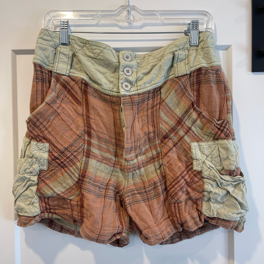 Free People Plaid Cargo Shorts in Brown and Green